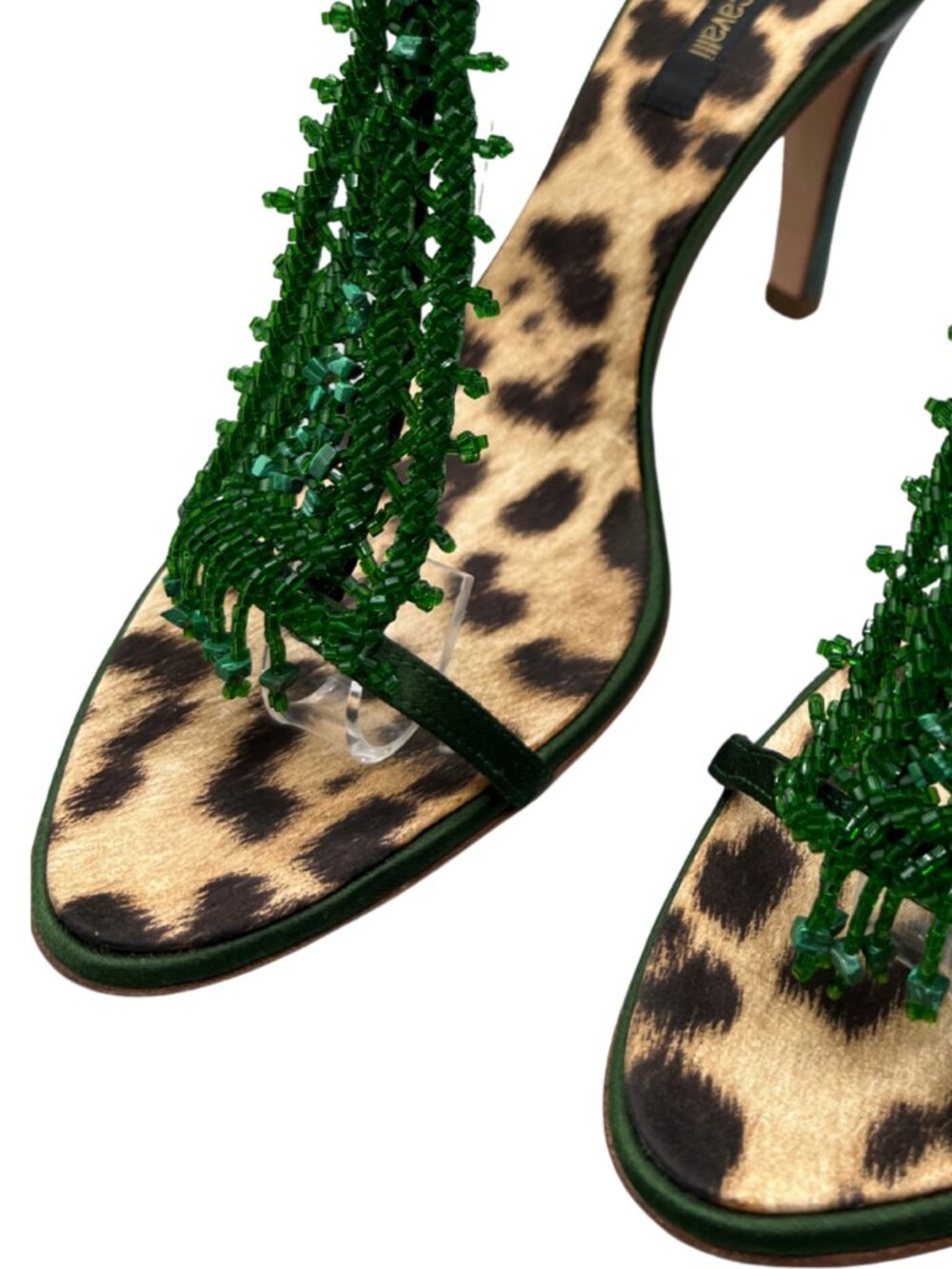 Roberto Cavalli Y2K Green Beaded Leopard Print Heels Runway Sandals Sz 8.5 39 - Picture 4 of 6